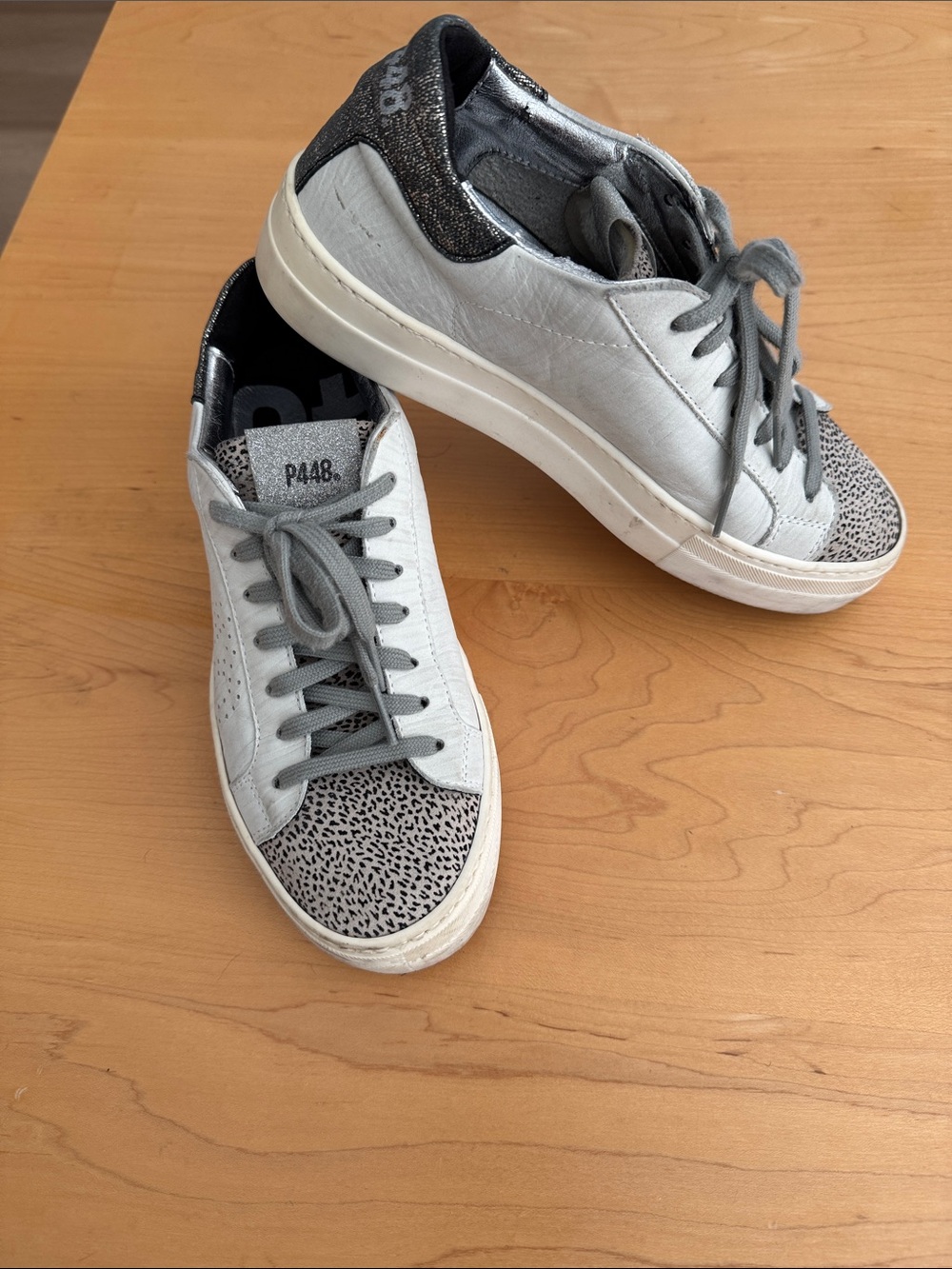 P448 Light Gray Leather Low-Top Sneakers with Speckled Toe and Glitter Heel